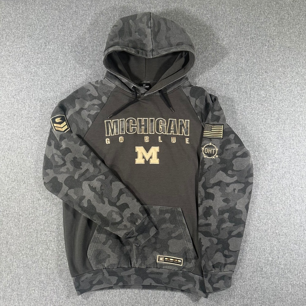 Colosseum Michigan Wolverines OHT Camo Hoodie Mens Large Go Blue Grey Sweatshirt
